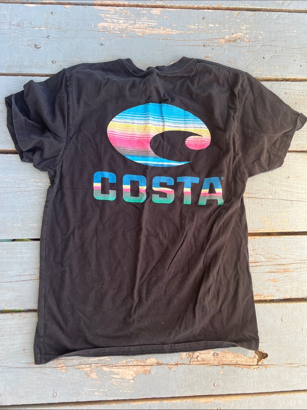 Costa Black Tee Men's Medium with Striped Multicolor Logo